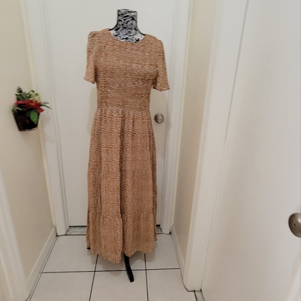 Brown puff sleeves smocked bodies tierred maxi dresspuff sleeves